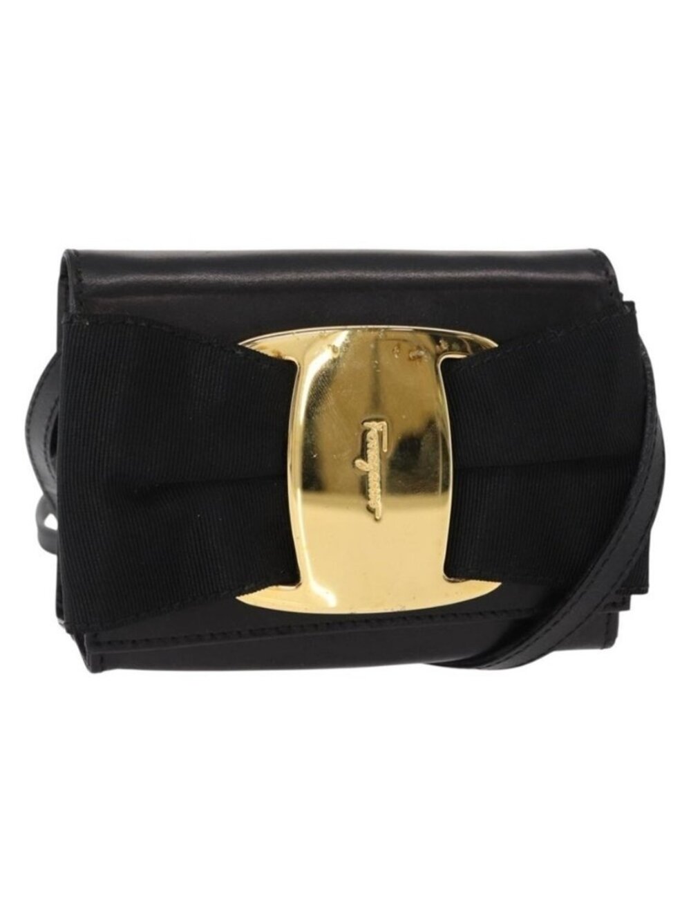 Authentic Salvatore Ferragamo Vala Shoulder Bag Leather Black Gold
